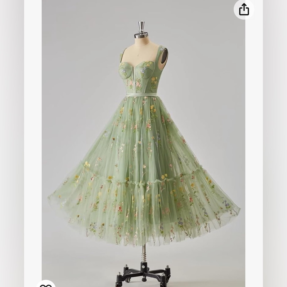 NWT Pale Green Tea Length Tulle Fairytale Dress Corset Detail